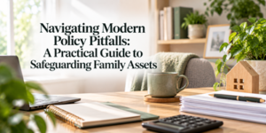 A desk with notebooks, a mug, a calculator, a plant, and a wooden house model in a bright home office. Text reads: Navigating Modern Policy Pitfalls: A Practical Guide to Safeguarding Family Assets.