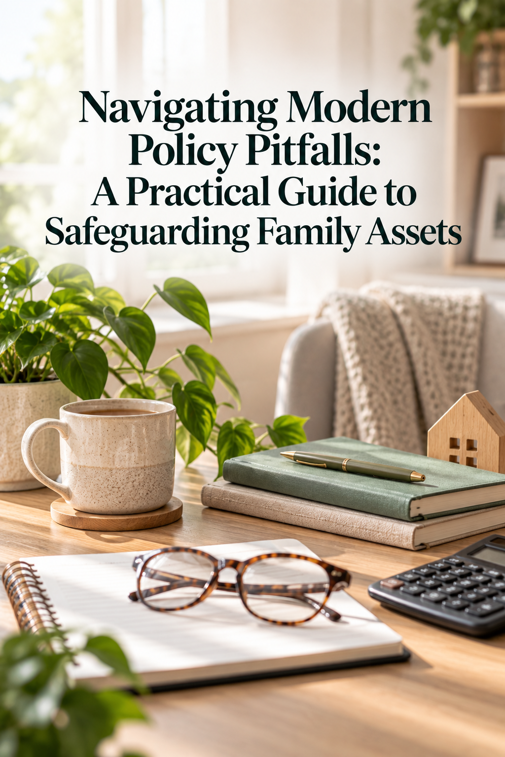 A desk with a coffee mug, books, a small wooden house, spectacles, a plant, and a calculator. The text reads: Navigating Modern Policy Pitfalls: A Practical Guide to Safeguarding Family Assets.