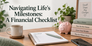 A desk with a coffee cup, notebook labelled Checklist, pen, pink piggy bank, plant, phone, and stacked books on financial topics. A sign says, Small Steps Big Changes. Text reads Navigating Life's Milestones: A Financial Checklist.