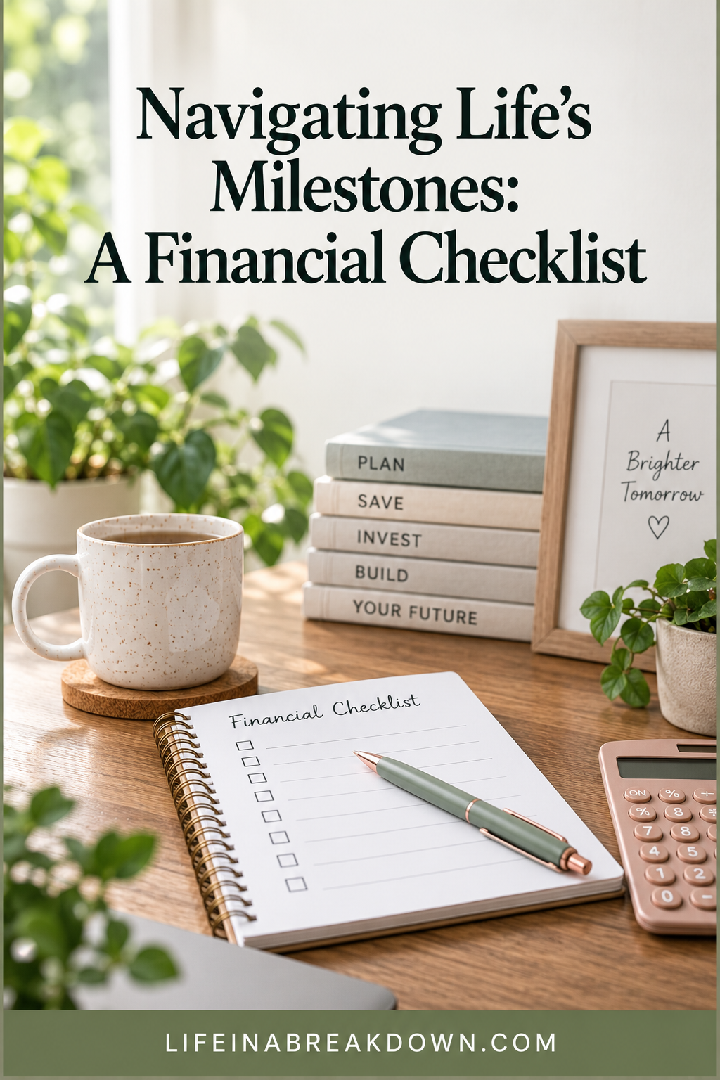 A desk with a coffee mug, plant, calculator, stack of books, framed quotation, and an open notebook titled Financial Checklist with a pen, in a bright, cosy setting.