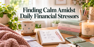 Desk with mug, notebook, stacked books, candle, calculator, and papers in cosy sunlight. Text reads: Finding Calm Amidst Daily Financial Stressors. Plants and soft blankets add a peaceful atmosphere.