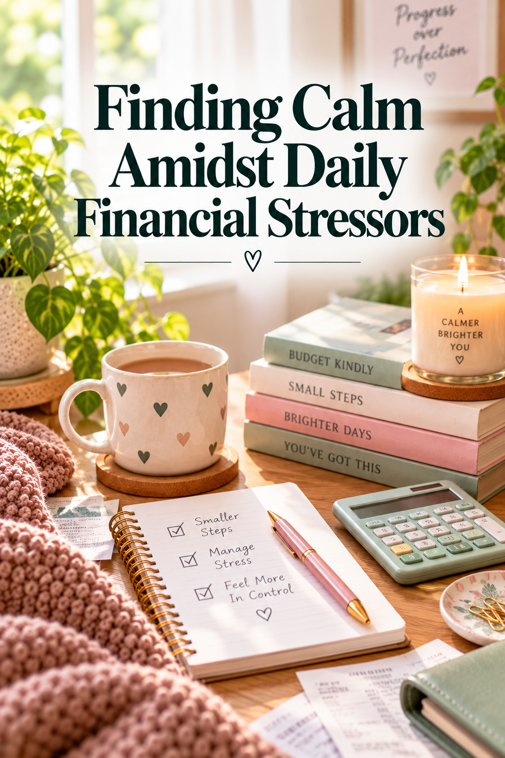 A cosy desk scene with a heart-patterned mug, a candle, notebooks, a knitted blanket, a houseplant, a calculator, and a notepad listing steps to feel more in control, with the text Finding Calm Amidst Daily Financial Stresses.
