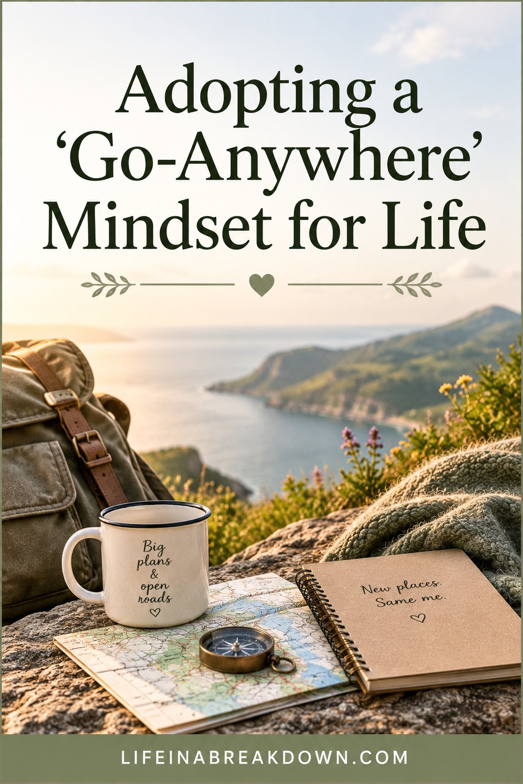 A rucksack, mug, compass, and notebook sit on a rock overlooking a scenic coastline at sunset. Text reads: Adopting a Go-Anywhere Mindset for Life. LIFEINABREAKDOWN.COM..