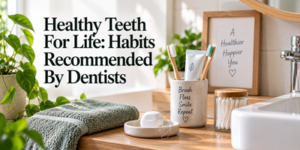 A bathroom countertop with toothbrushes, dental floss, a towel, and a framed sign. Text reads: Healthy Teeth For Life: Habits Recommended By Dentists. Plants and sunlight brighten the scene.