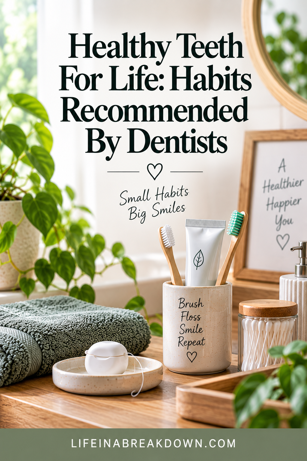 A bathroom counter with toothbrushes, toothpaste, and dental floss. A sign reads, Healthy Teeth For Life: Habits Recommended By Dentists. Plants and towels are also visible.