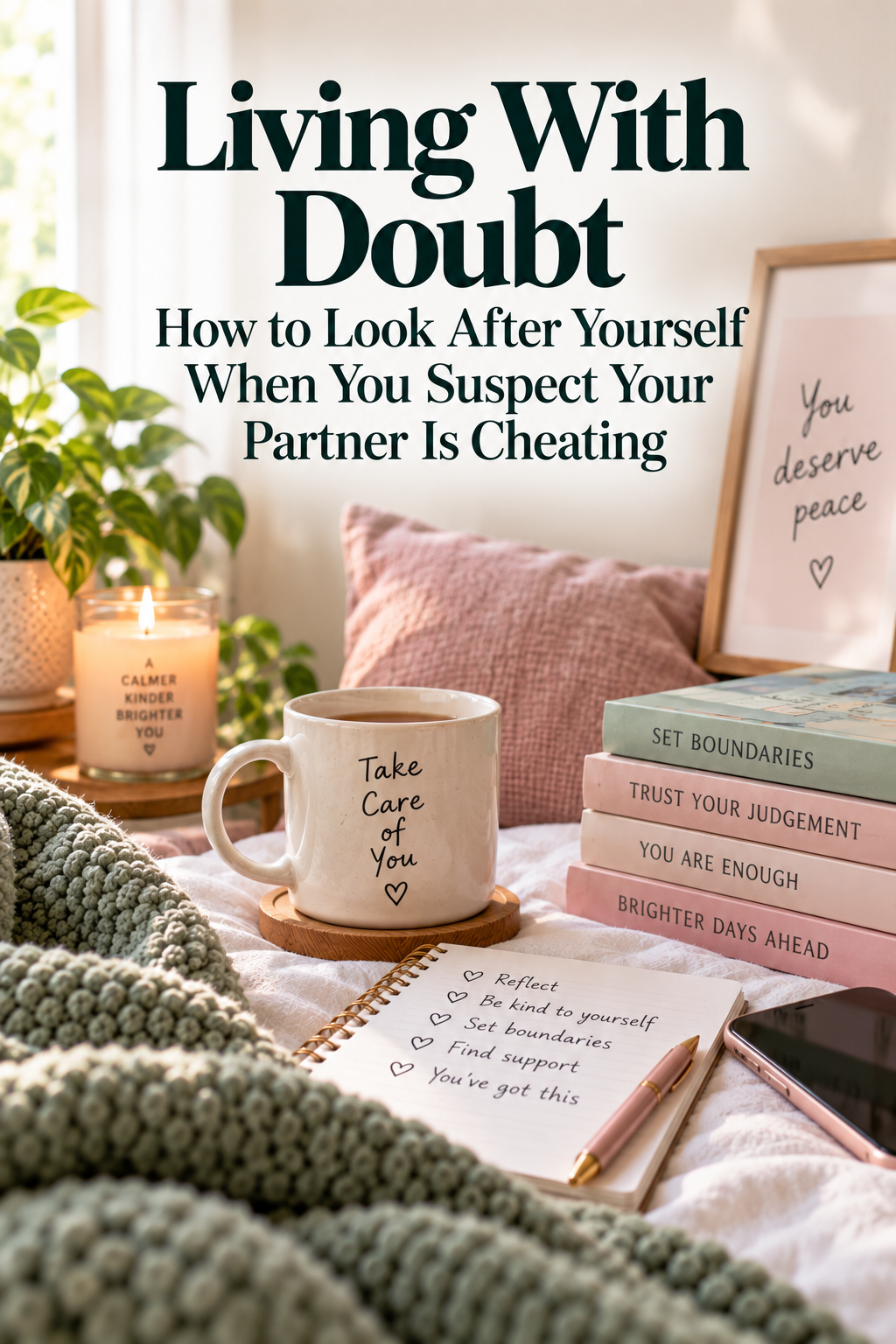 A cosy setup with a Take Care of You mug, candle, notebook with self-care tips, blankets, and books on self-worth. Text above reads, Living With Doubt: How to Look After Yourself When You Suspect Your Partner Is Cheating..