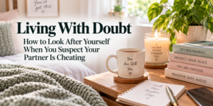 A cosy bedroom scene with a bed, mug, candle, stacked self-help books, and a notepad. Text reads: Living With Doubt: How to Look After Yourself When You Suspect Your Partner Is Cheating..