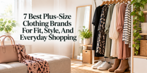 A cosy, sunlit room with a clothes rail displaying dresses and shoes, a bench with a handbag and scarf, and text about the best plus-size clothing brands for fit, style, and everyday shopping.