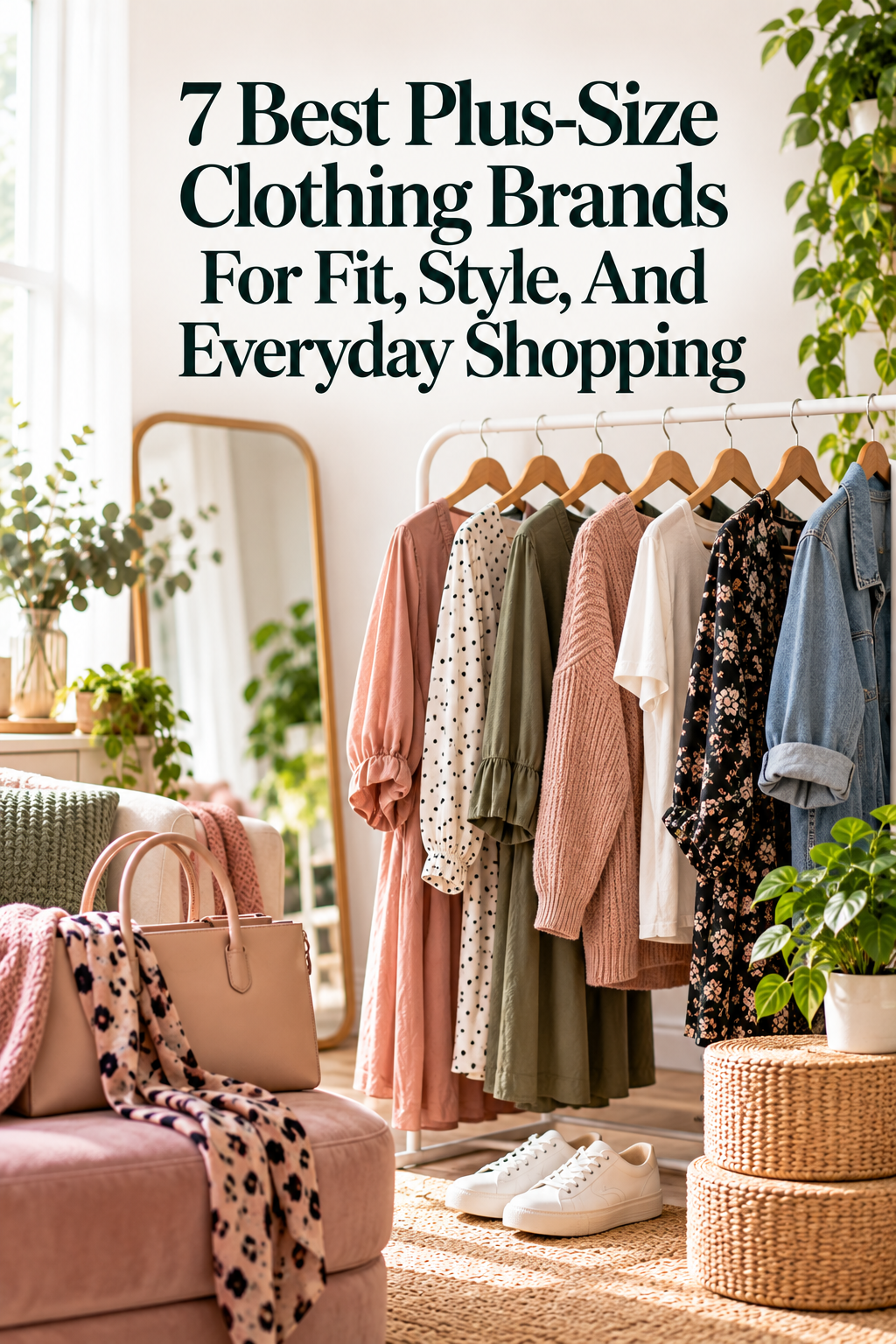 A clothing rail with seven plus-size outfits in soft colours, next to plants, a mirror, a handbag, and white trainers. Text reads: 7 Best Plus-Size Clothing Brands For Fit, Style, And Everyday Shopping.