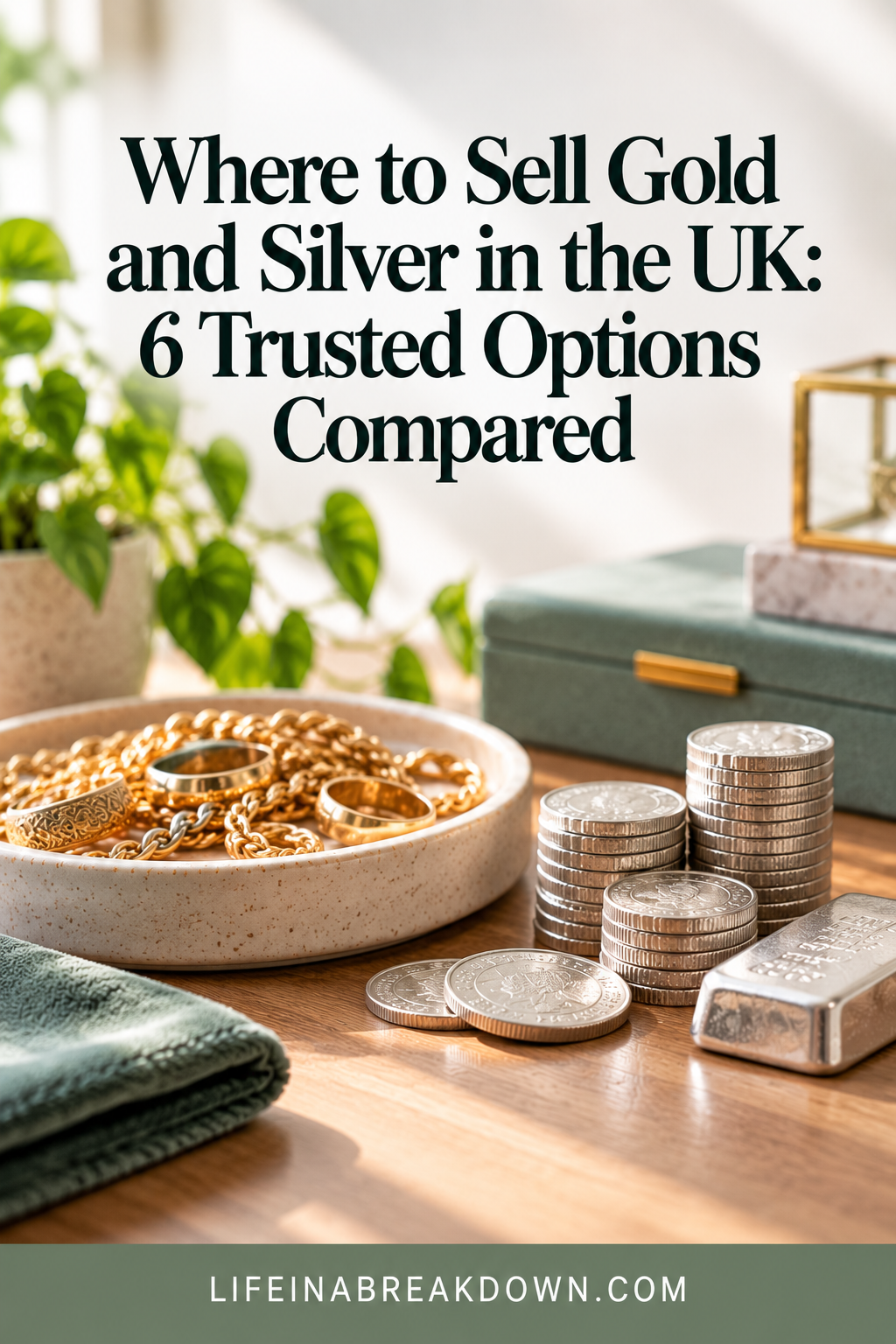 A tray of gold jewellery and stacks of silver coins sits on a table with plants and books nearby. Text reads, Where to Sell Gold and Silver in the UK: 6 Trusted Options Compared.