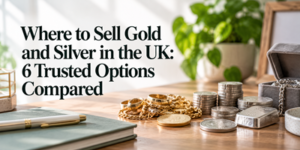Gold coins, silver bars, and jewellery are displayed on a wooden desk with plants, a notebook, and case nearby. Text reads: Where to Sell Gold and Silver in the UK: 6 Trusted Options Compared..