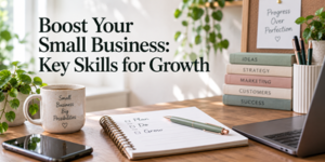 A desk with a mug labelled Small Business, Big Possibilities, a notepad, pen, and books labelled Ideas, Strategy, Marketing, Customers, and Success. Text reads: Boost Your Small Business: Key Skills for Growth.
