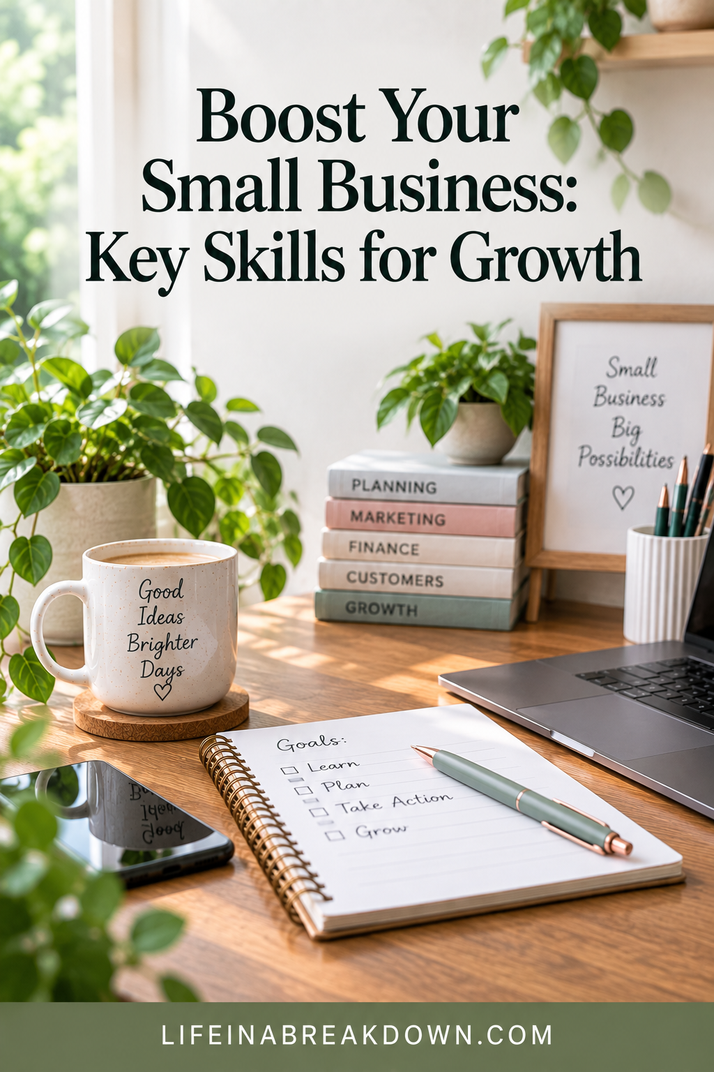 A desk with a notepad, pen, glasses, mug, and laptop. Books labelled Planning, Marketing, Finance, and Customers are stacked nearby. A sign reads Small Business Big Possibilities. Sunlight streams in.