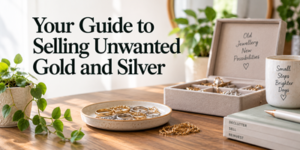 Open jewellery box with gold pieces on a wooden table, surrounded by green plants and stacked books. Text on the image reads: Your Guide to Selling Unwanted Gold and Silver.
