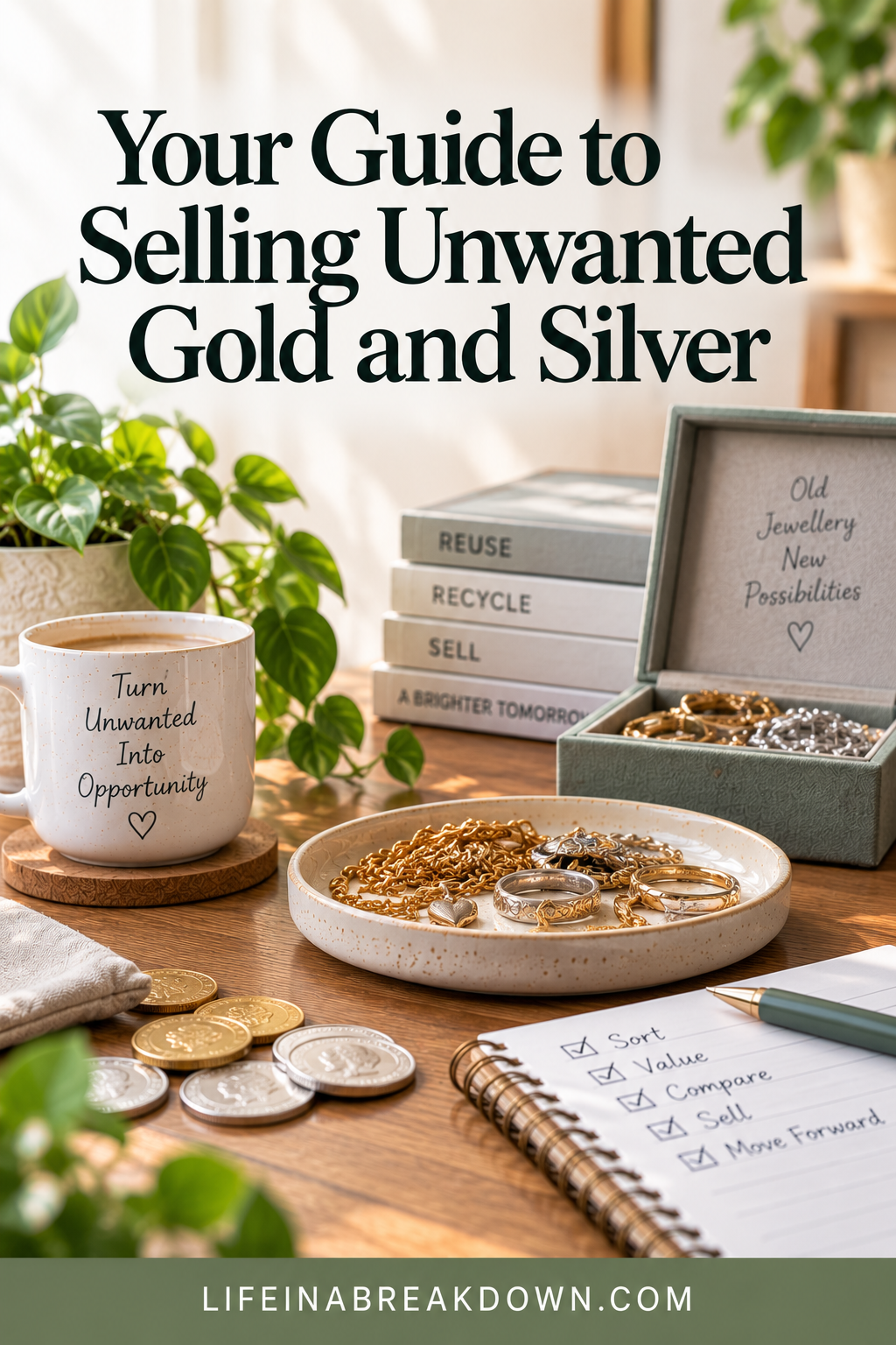 A display of gold and silver jewellery, coins, a mug, and a notebook with tickboxes, alongside signs about selling and recycling, illustrating a guide to selling unwanted gold and silver.