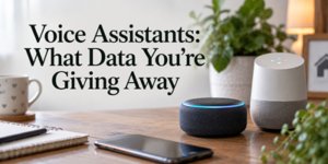 A desk with a mobile phone, notebook, mug, two voice assistants, and plants. Text reads: Voice Assistants: What Data You’re Giving Away..
