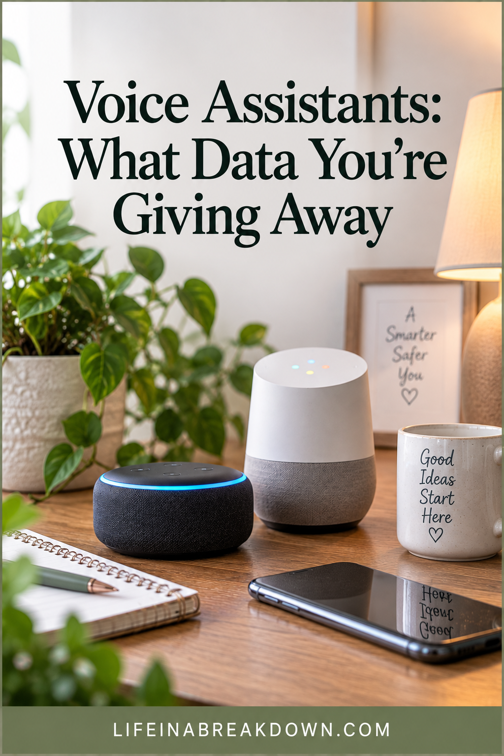 A desk with smart speakers, a mobile phone, a mug, and plants. The text reads, Voice Assistants: What Data You’re Giving Away. A framed sign says, A Smarter Safer You. The website lifeinabreakdown.com is below.