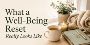 A cosy scene with a cup of tea, notebook, candle, plant, and soft blanket on a wooden surface. Text reads, What a Well-Being Reset Really Looks Like.