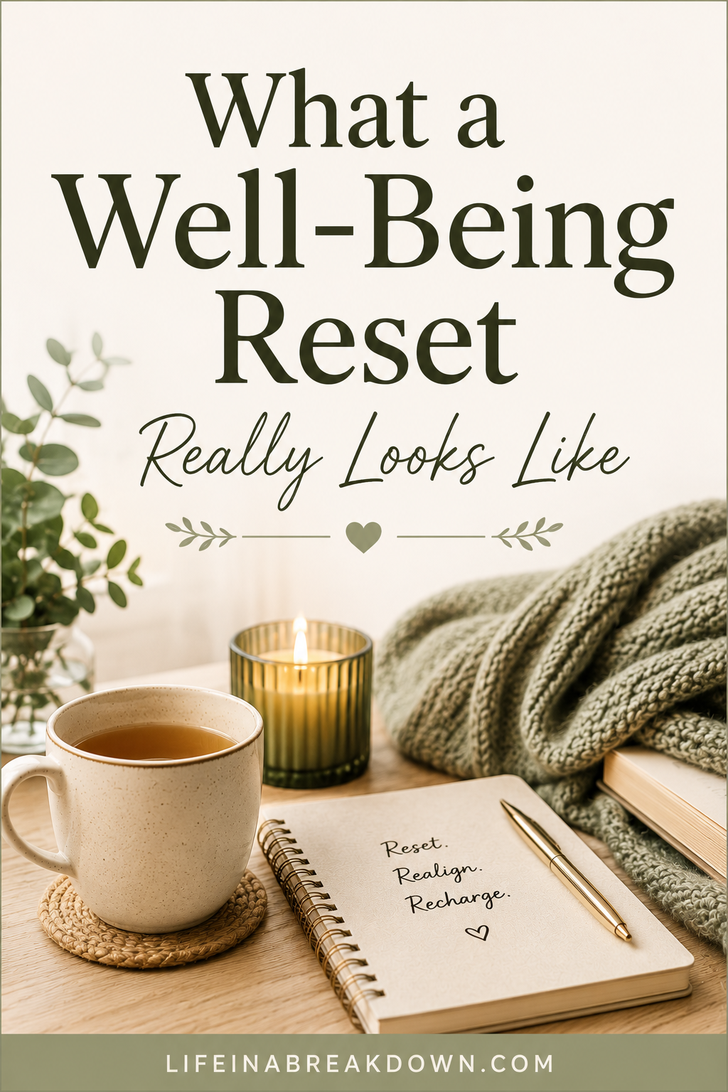 A cosy scene with a cup of coffee, a lit candle, a green knitted blanket, and a notebook with Reset. Realign. Recharge. written on it, alongside the text What a Well-Being Reset Really Looks Like..