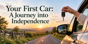 A person holds a car key out of the window of a parked car on a countryside road at sunset, with the text Your First Car: A Journey into Independence.