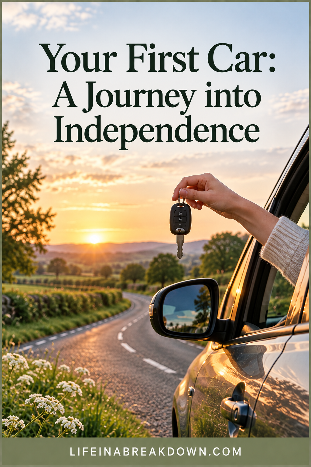 A hand holds car keys next to a parked car on a scenic rural road at sunset, with text reading Your First Car: A Journey into Independence. Website lifeinabreakdown.com appears at the bottom.