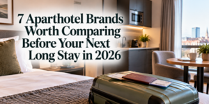 Text overlay reading 7 Aparthotel Brands Worth Comparing Before Your Next Long Stay in 2026 over an image of a hotel room with a suitcase on the bed.
