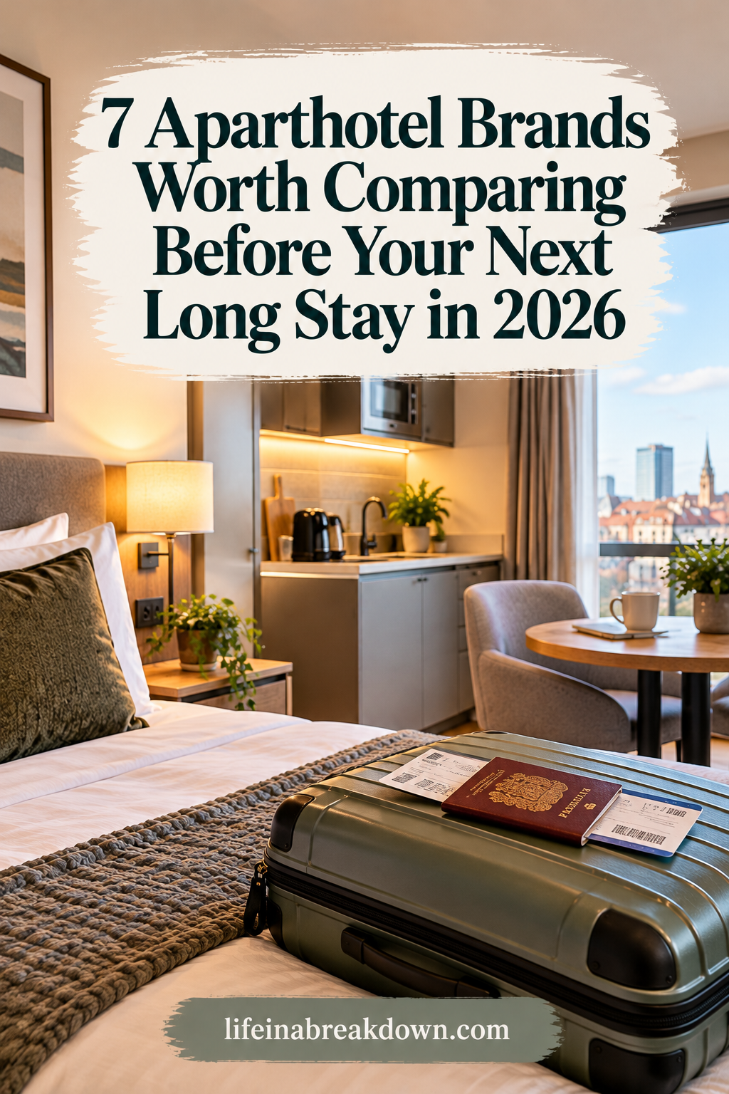 Text overlay on a hotel room image reads: 7 Aparthotel Brands Worth Comparing Before Your Next Long Stay in 2026. A suitcase with a passport and boarding pass rests on the bed.