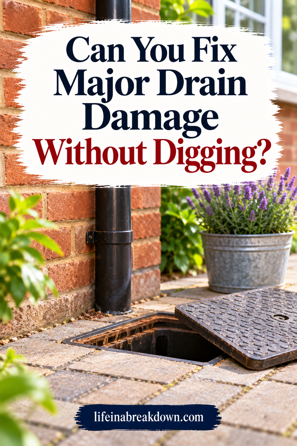 An open outdoor drain cover against a brick wall with text overlay reading Can You Fix Major Drain Damage Without Digging? and the website URL lifeinabreakdown.com.