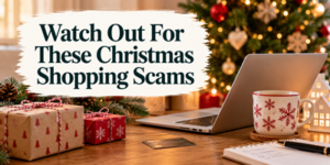 Text reading Watch Out For These Christmas Shopping Scams overlaid on a desk with a laptop, wrapped presents, and a festive mug in front of a decorated Christmas tree.