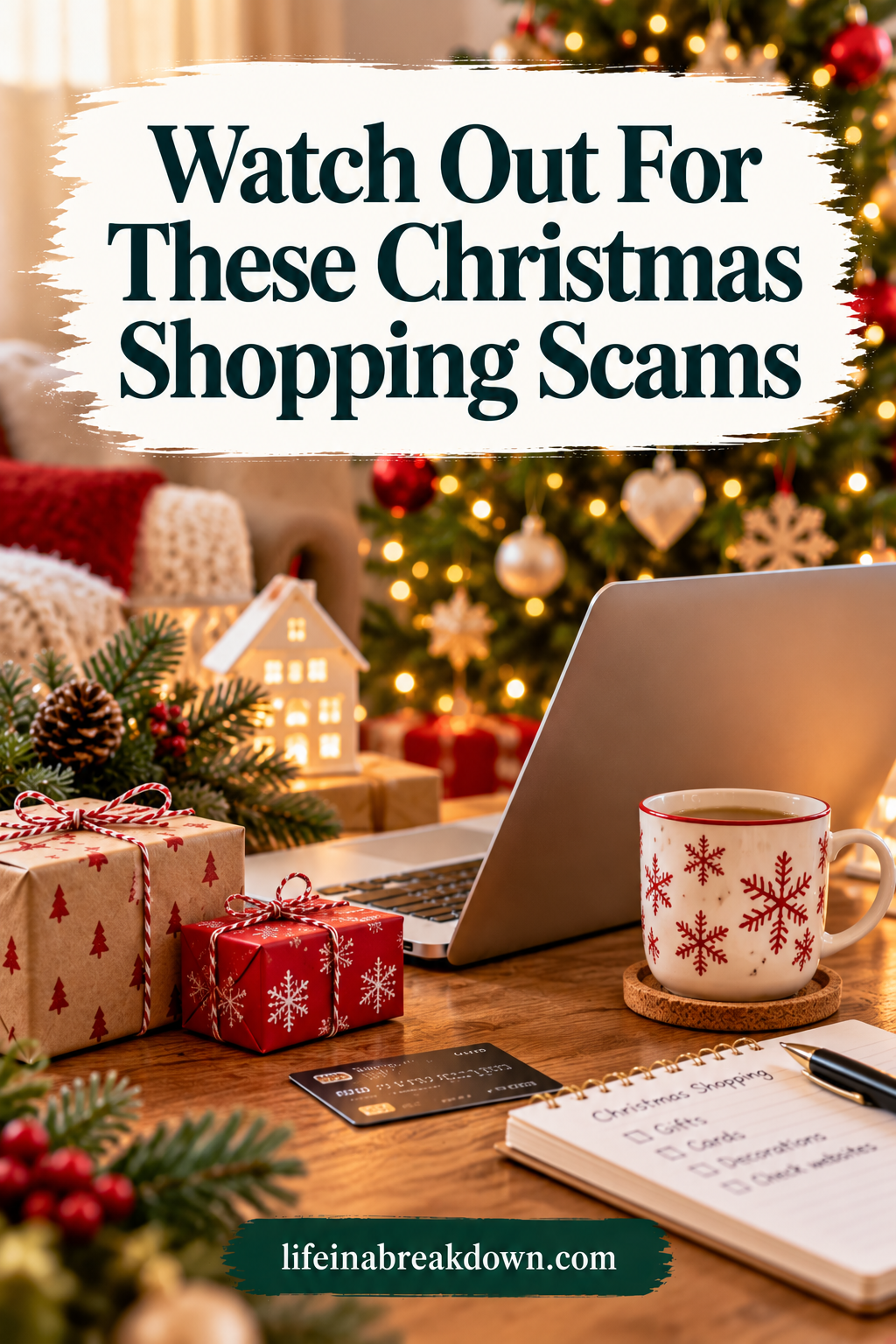 Text reading Watch Out For These Christmas Shopping Scams over a festive workspace featuring wrapped presents, a laptop, a mug, and a shopping list.