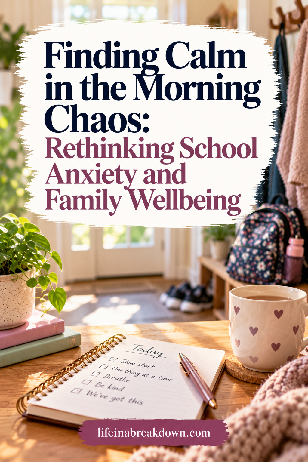 Text overlay reads Finding Calm in the Morning Chaos: Rethinking School Anxiety and Family Wellbeing over a photo of a morning checklist, a coffee mug, and a rucksack on a wooden desk.