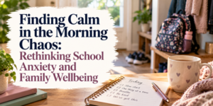 Text overlay reads Finding Calm in the Morning Chaos: Rethinking School Anxiety and Family Wellbeing over an image of a daily checklist on a wooden table next to a mug of coffee.