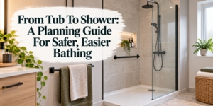 Text overlay on a bathroom image reads: From Bath To Shower: A Planning Guide For Safer, Easier Bathing. The bathroom features a glass-enclosed shower with a grab rail, a vanity unit, and plants.