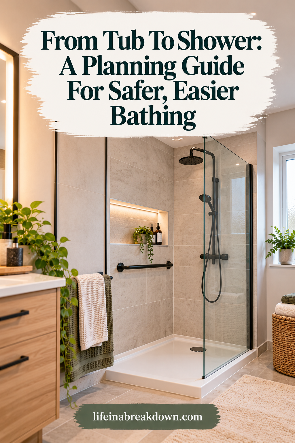 A modern walk-in shower with a black fitting, a grab rail, and an illuminated recessed shelf, with text overlay reading From Bath To Shower: A Planning Guide For Safer, Easier Bathing.