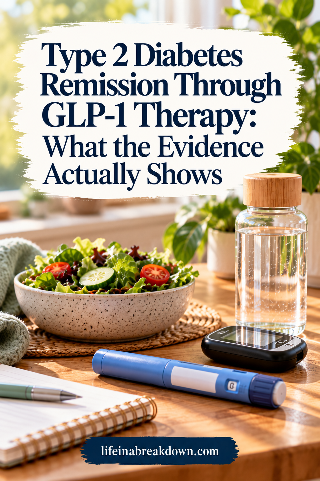 Article title Type 2 Diabetes Remission Through GLP-1 Therapy: What the Evidence Actually Shows displayed above a salad, a water bottle, a blood glucose meter, and an injection pen on a wooden table.