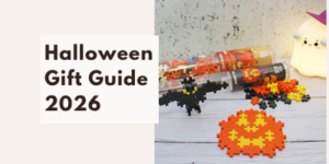 Text reading Halloween Gift Guide 2026 next to tubes of Halloween-themed building blocks, a block-built bat, a block-built jack-o'-lantern, and a ghost-shaped lamp.
