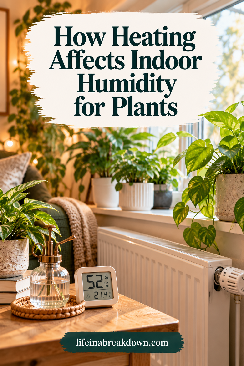 Text overlay on a photo of houseplants and a digital hygrometer next to a radiator: How Heating Affects Indoor Humidity for Plants.