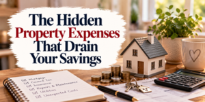 Text reading The Hidden Property Expenses That Drain Your Savings next to a model house, a calculator, a stack of coins, and a checklist of home costs on a wooden desk.