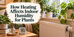 Text overlay on a photo of houseplants and a digital hygrometer reads, How Heating Affects Indoor Humidity for Plants.