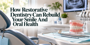 Text reads: How Restorative Dentistry Can Rebuild Your Smile And Oral Health, shown in a dental surgery with a model of teeth and dental instruments on a tray.