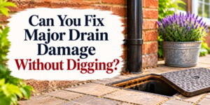 Text reads, Can You Fix Major Drain Damage Without Digging? over an image of an open drain access point next to a brick wall and a potted plant.