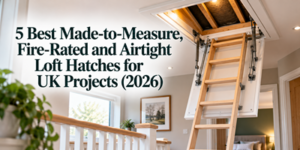 A wooden ladder extended from an open loft hatch in a ceiling, with text overlay reading 5 Best Made-to-Measure, Fire-Rated and Airtight Loft Hatches for UK Projects (2026).