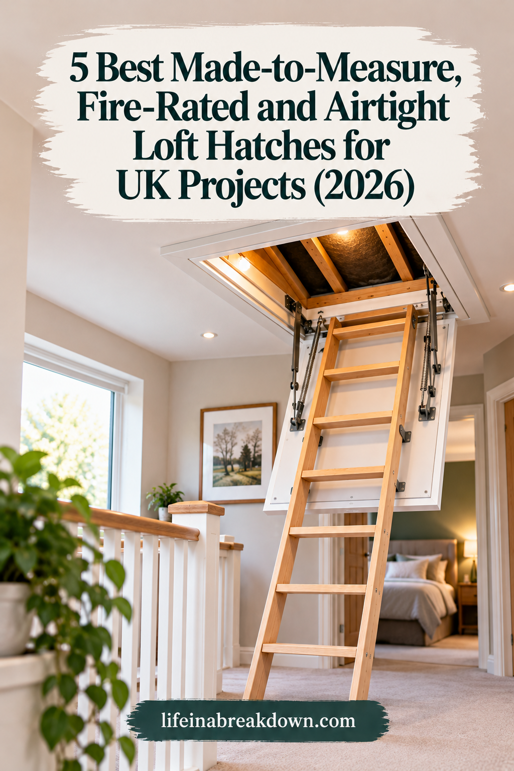 A wooden loft ladder folded down from an open ceiling hatch in a hallway, with the title 5 Best Made-to-Measure, Fire-Rated and Airtight Loft Hatches for UK Projects (2026) overlaid at the top.