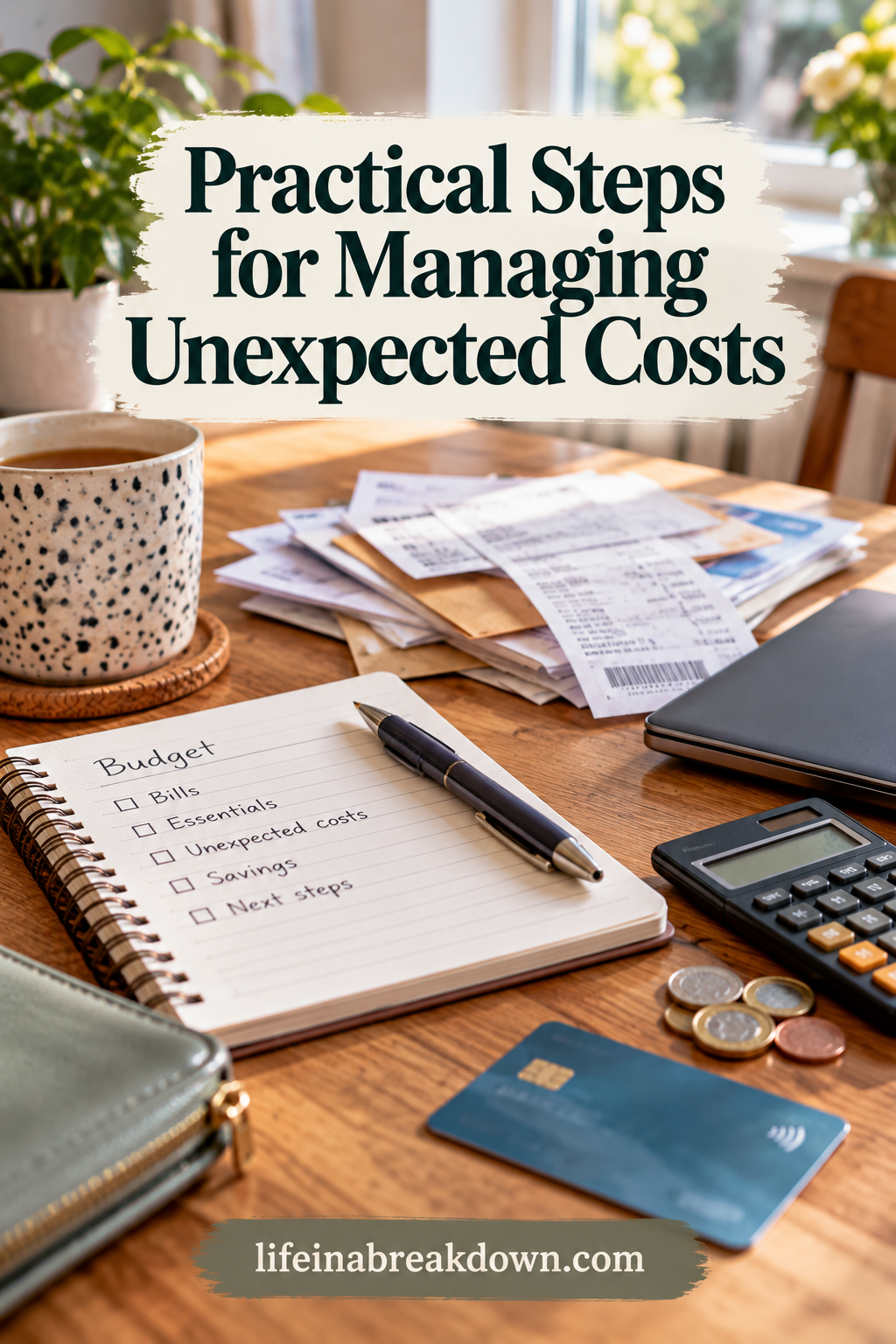 Text overlay reading Practical Steps for Managing Unexpected Costs above a wooden desk with a notebook, pen, calculator, coins, credit card, and a stack of bills.