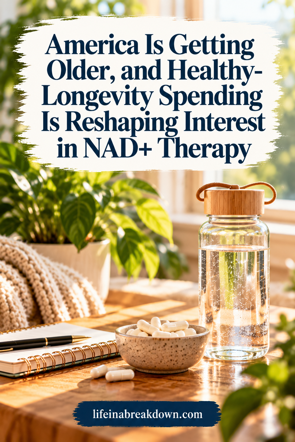 Text overlay reads America Is Getting Older, and Healthy-Longevity Spending Is Reshaping Interest in NAD+ Therapy, above a small bowl of white capsules, a glass water bottle, a notebook, and a pen on a sunlit table.