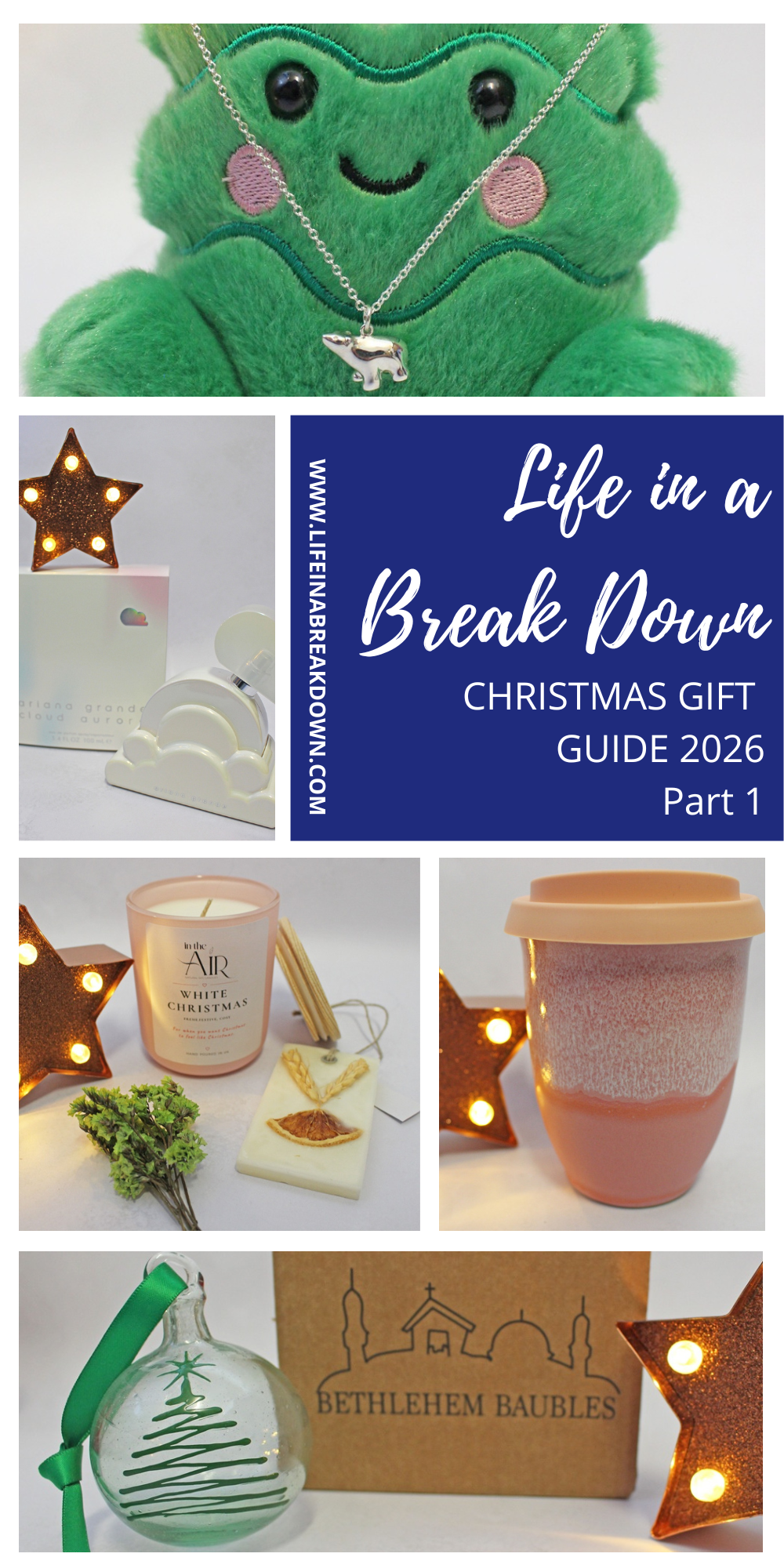 A collage featuring a silver polar bear necklace on a plush frog, a perfume bottle, a candle and wax melt, a travel mug, and a glass Christmas bauble with a tree design, under the heading Life in a Break Down Christmas Gift Guide 2026.