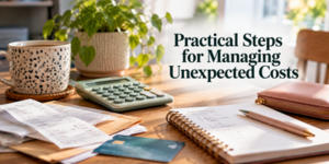 A desk with a calculator, receipts, a credit card, a notepad, and a coffee mug, featuring the text Practical Steps for Managing Unexpected Costs.
