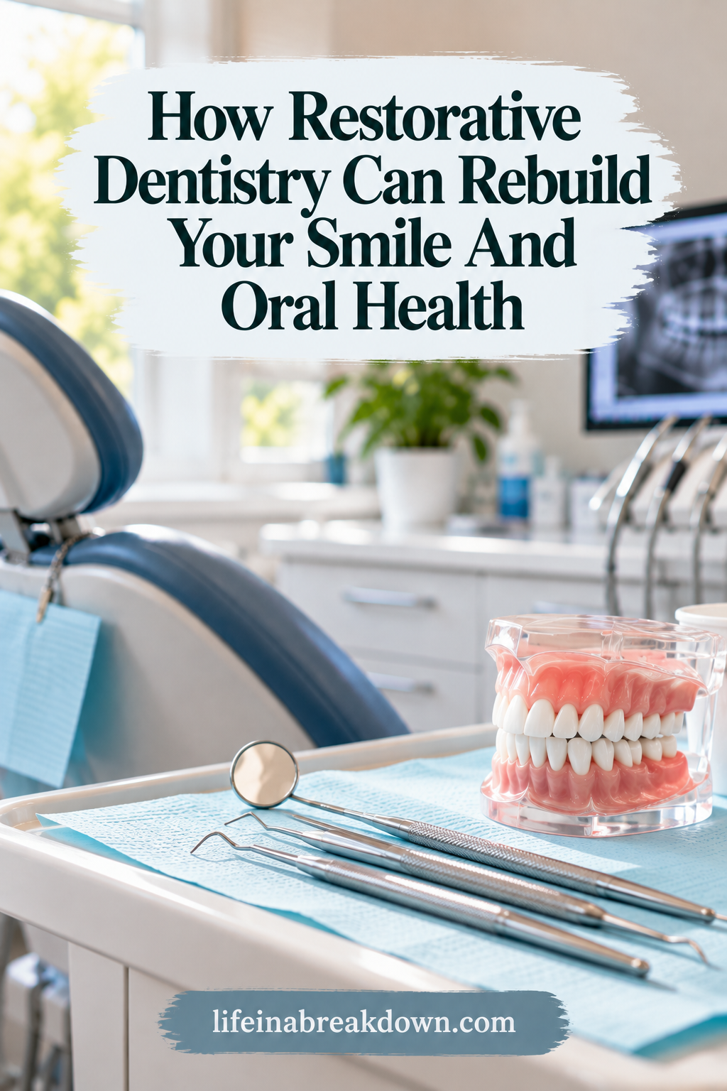 A model of teeth and dental instruments on a tray in a dental surgery, with text overlay reading How Restorative Dentistry Can Rebuild Your Smile And Oral Health.