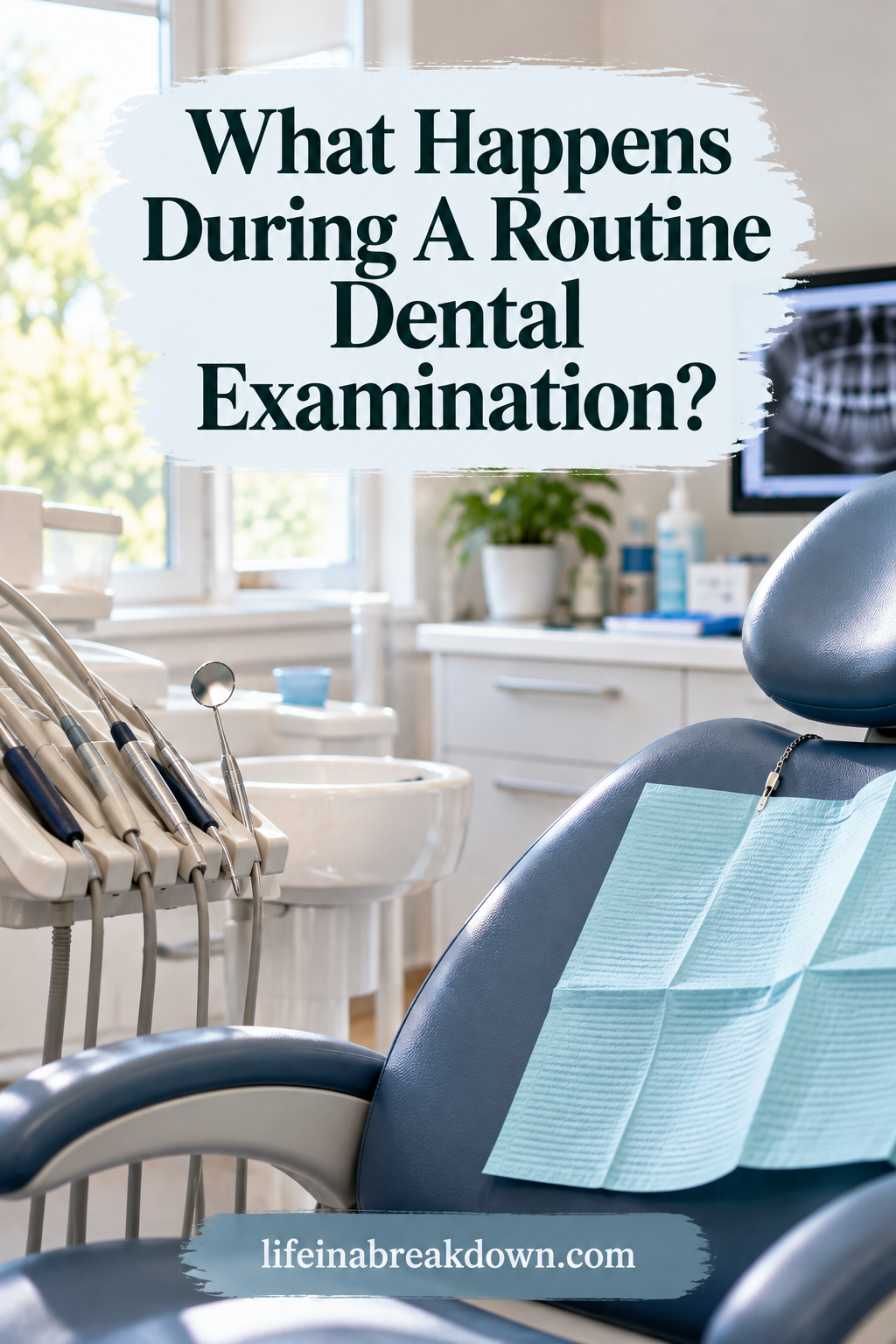An empty dental chair with a paper bib and dental instruments in a professional surgery, with text reading What Happens During A Routine Dental Examination?.
