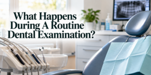 An empty dental chair with the text What Happens During a Routine Dental Examination? overlaid on the image.
